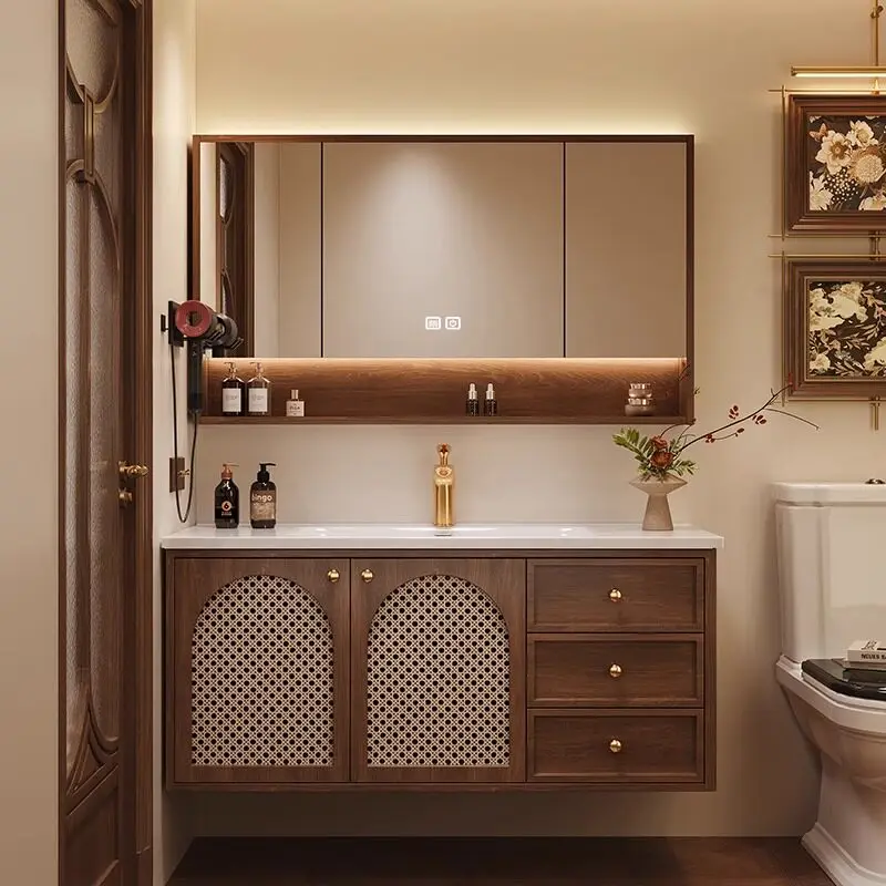 

Комплект мебели для ванной комнаты, интегрированная раковина из керамогранита, умывальник для ванной, умывальник из дуба