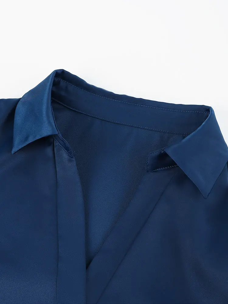 Nueva camiseta Vintage de manga larga con cuello en V de satén de lujo azul marino, moda para ir al trabajo, K Pop Office, jerséis ajustados para mujer, Polos que combinan con todo