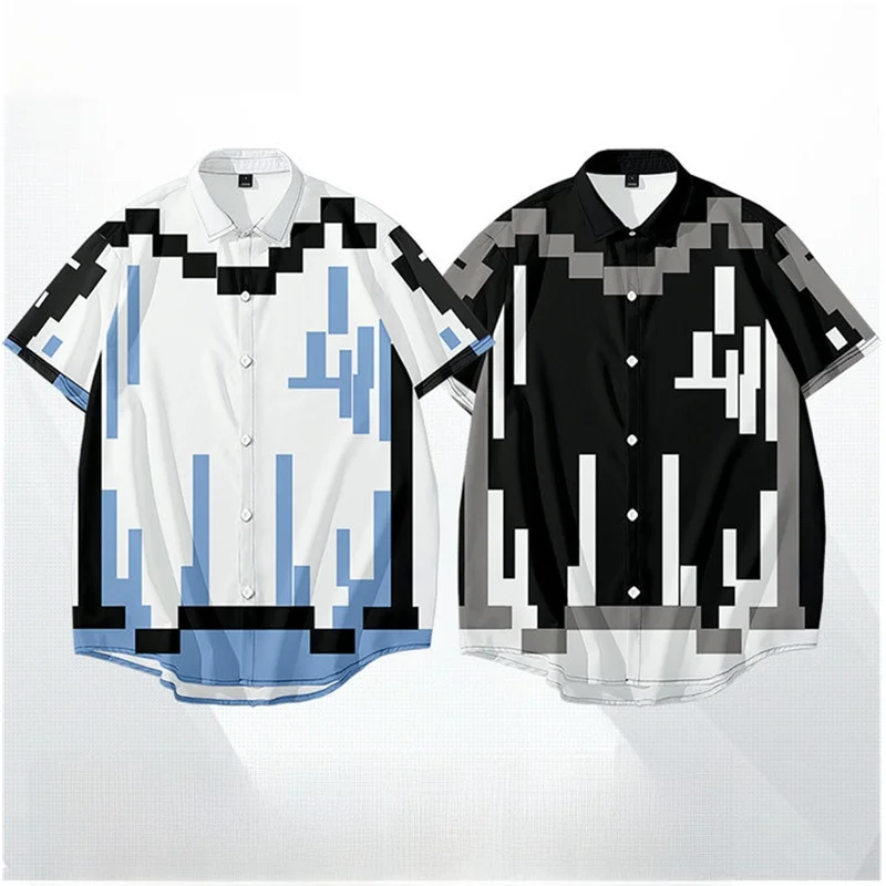 

Mosaic Pixel Sle Loose Casual irt ex Summer Trendy Brand Small Design Sense Clothing ort Sve Flip Collar Daily Wear