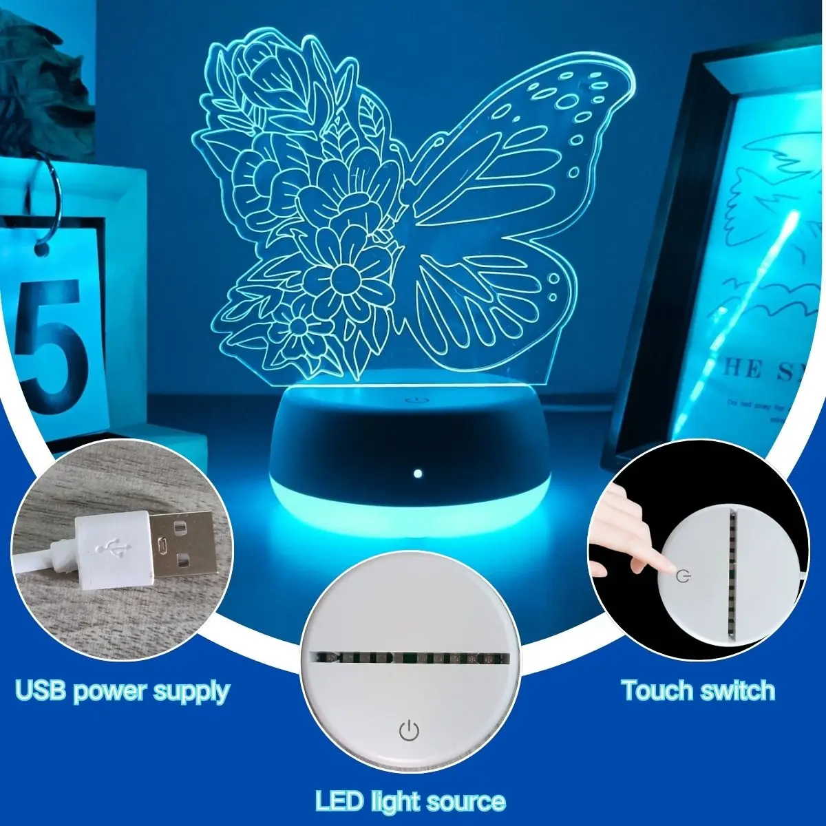 1pc Modern Creative Flower Butterfly 3D Night Light, USB Powered, Seven Color Changing, Even Illumination, Eye-Friendly