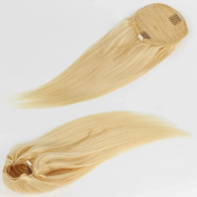 Coleta de cabello humano liso con cordón para mujer, extensiones de cabello brasileño 613 Remy, color rubio, # 100%