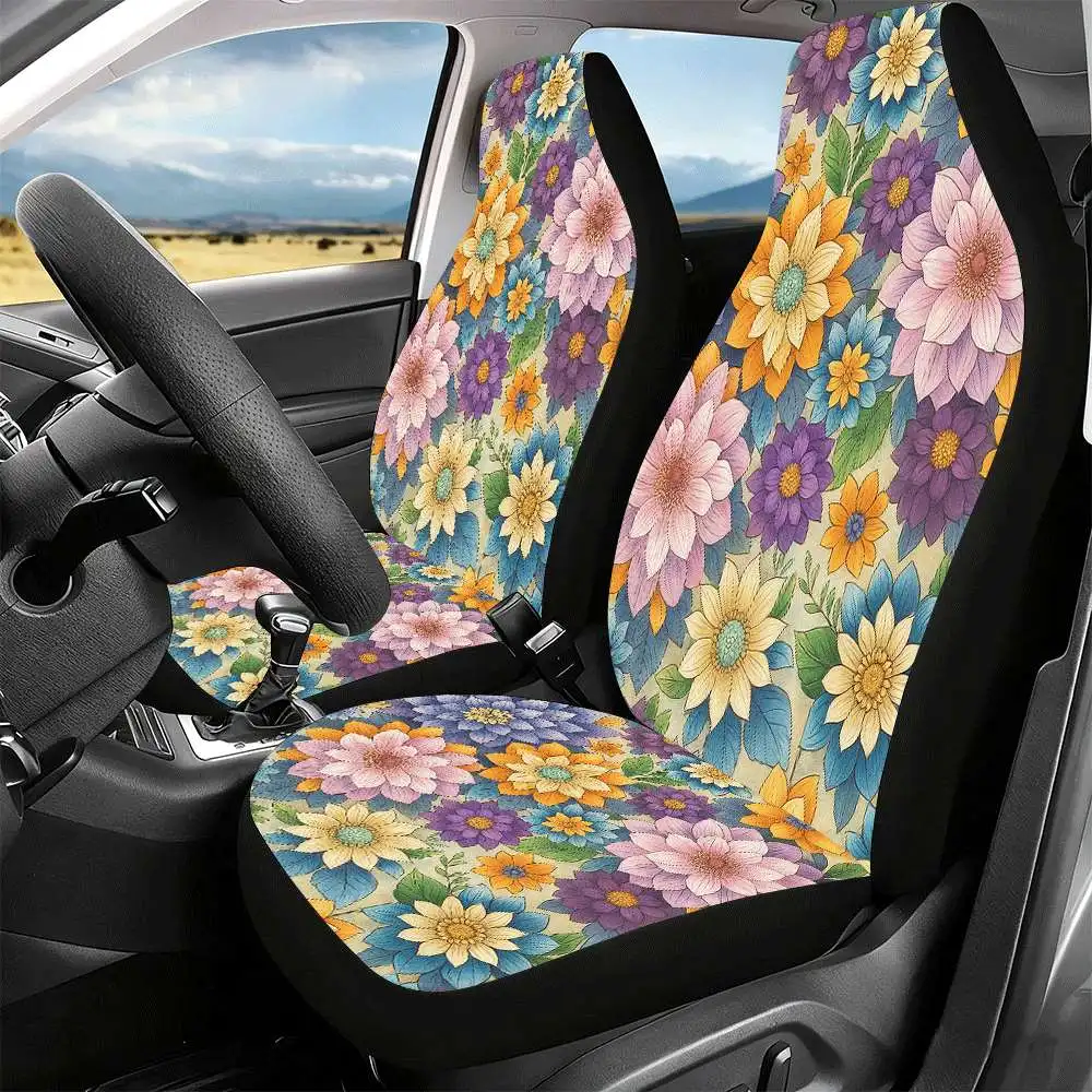 2pcs Colorful Floral Bloom Car Seat Covers Suitable For Front Seats, High Back Design, Material, Suitable For Cars, SUVs And Tru