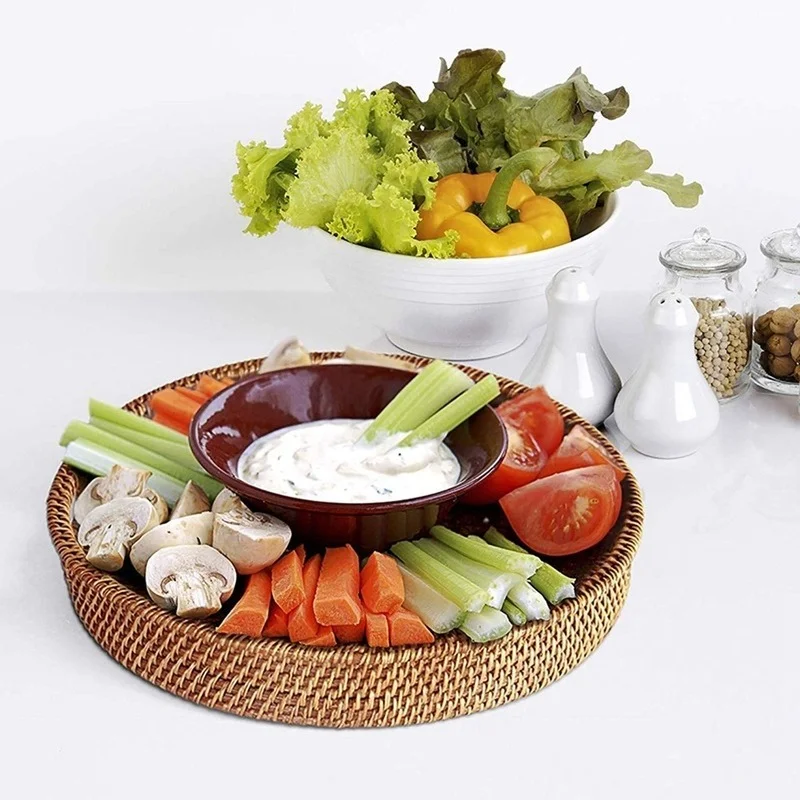 Rattan Basket Hand-Woven Coffee Breakfast Severing Tray Food Storage Platters Bread Plate with Handler For Drink Snack Tea MJ