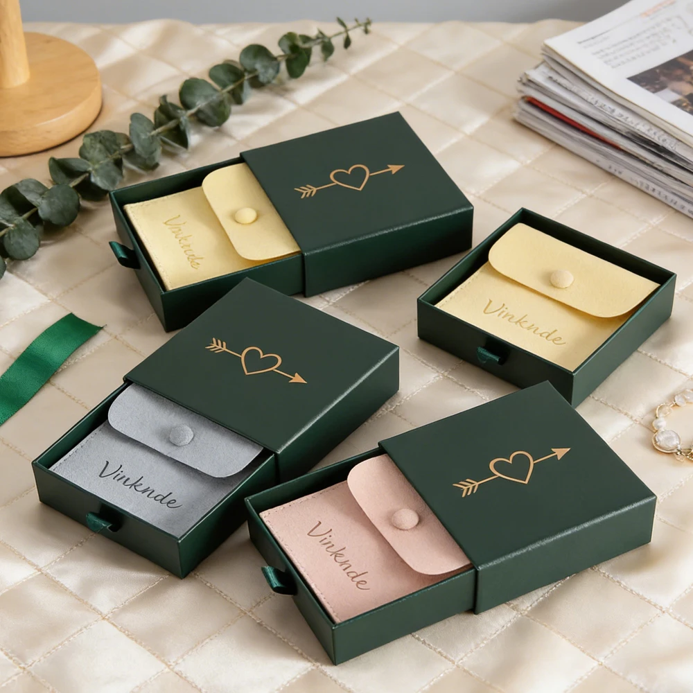 

50Pcs/Lot Custom Logo Green Paper Boxes Ring Drawer Packaging Jewelry Box Suder Snap Bag Microfiber Earrings Pouch with Button