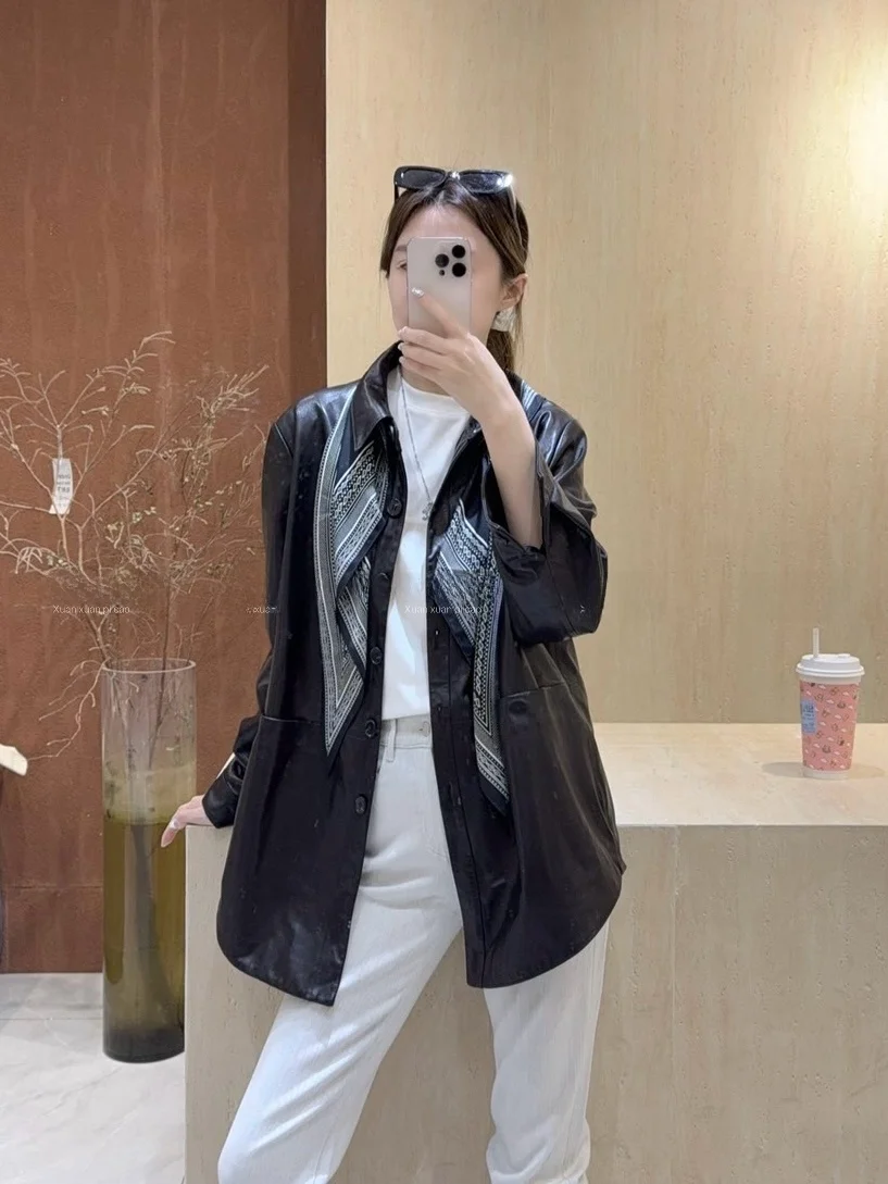 

Ning 2026 New Sle Women's Leather Jaet eepskin Coat Luxury Sensation Slim Fit Long Sve Zipper Closure