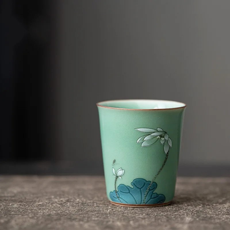Vintage Celadon Good Fortune Lotus Small Ceramic Tea Cup Personal Tasting Cup for Home Office Use Kung Fu Tea Ceremony Gift