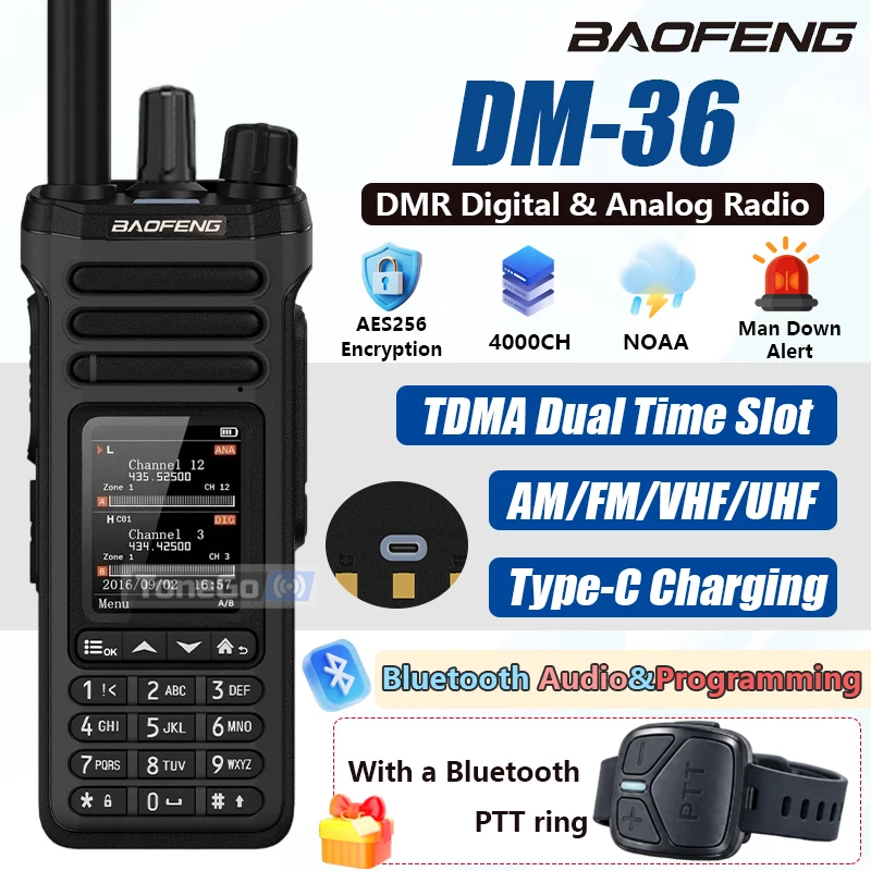 BAOFENG DM-36 DMR Digital Analog Walkie Talkie with PPT Ring AM FM Dual Band Handheld Radio Bluetooth Audio APP Programming NOAA