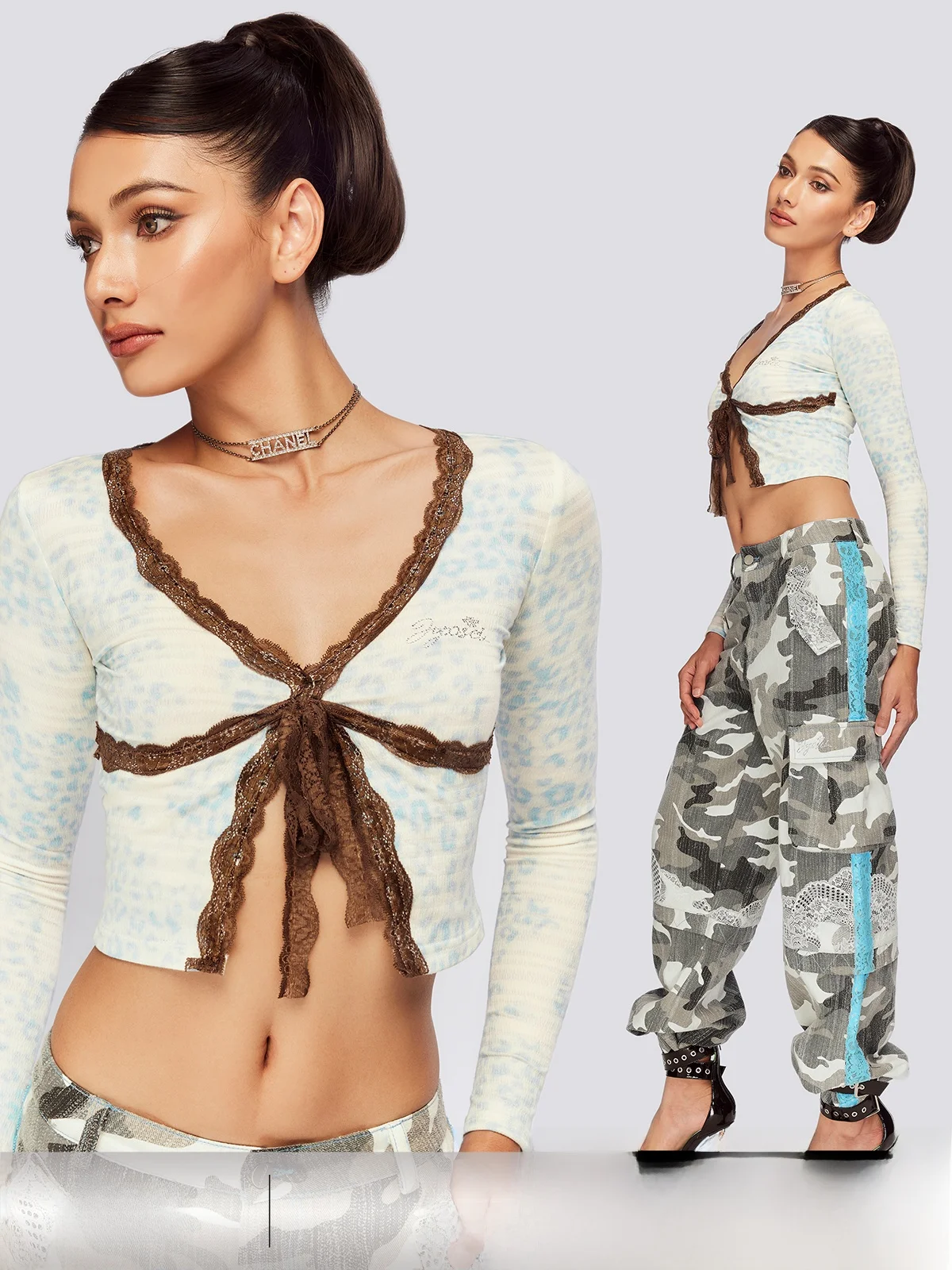 

Женский трикотажный топ JYOSEI с V-образным вырезом, синим леопардовым принтом, коричневым кружевом и поясом, облегающий, в уличном стиле