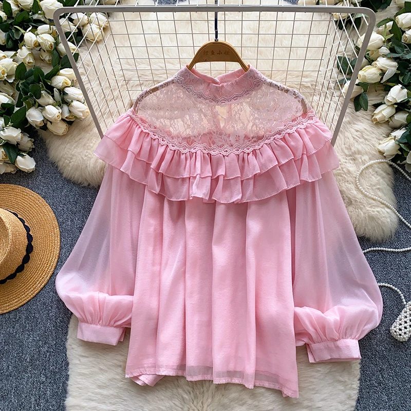 French Lantern Sleeve Lace Patchwork Shirt for Women in Spring Autumn Oversized with Ruffled Edges Loose Pink Bloouse Top W116 view 2