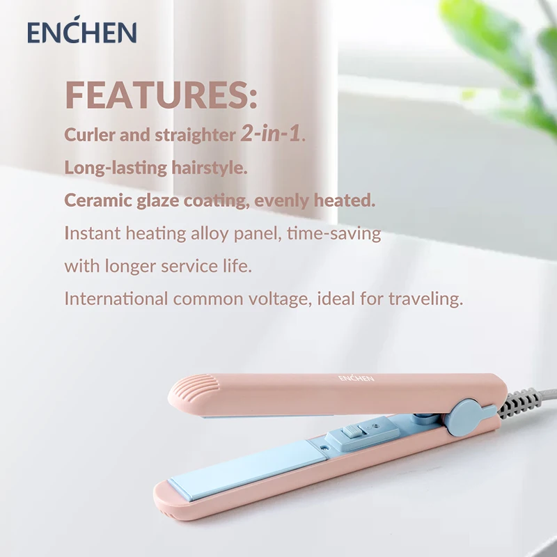 ENCHEN 미니 헤어 스트레이트너 플랫 아이언, 즉시 가열 컬링, 건식 및 습식 이중 화상 방지 스타일링 도구, 160 °C-180 °C