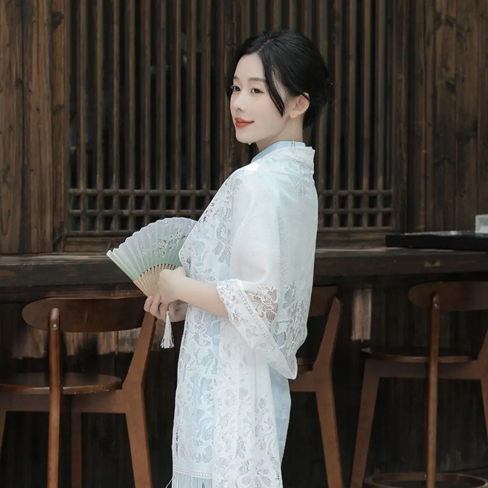 Casual Elegant Women's Shawls Hollow Embroidery Tassel Scarf Floral Thin Fringes Wraps Party Dinner