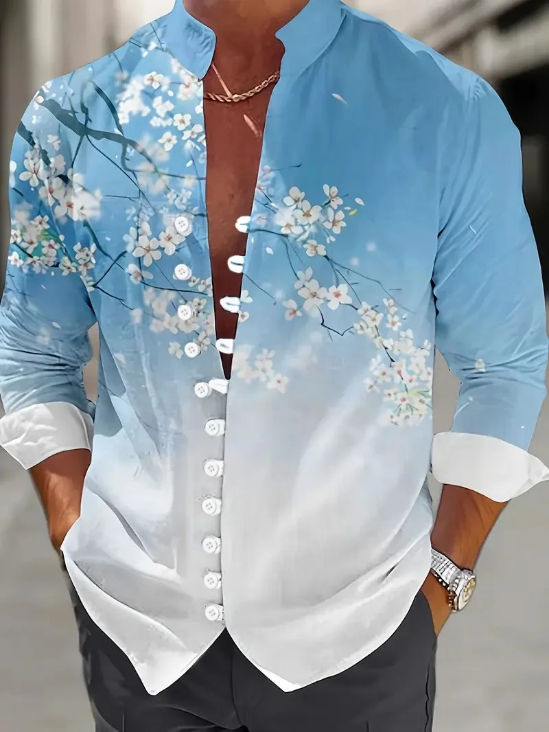 Men Linen Shirts New Print Button Shirt Fashion Stand Up Collar Loose Men's Shirts Streetwear Casual Beach 2026