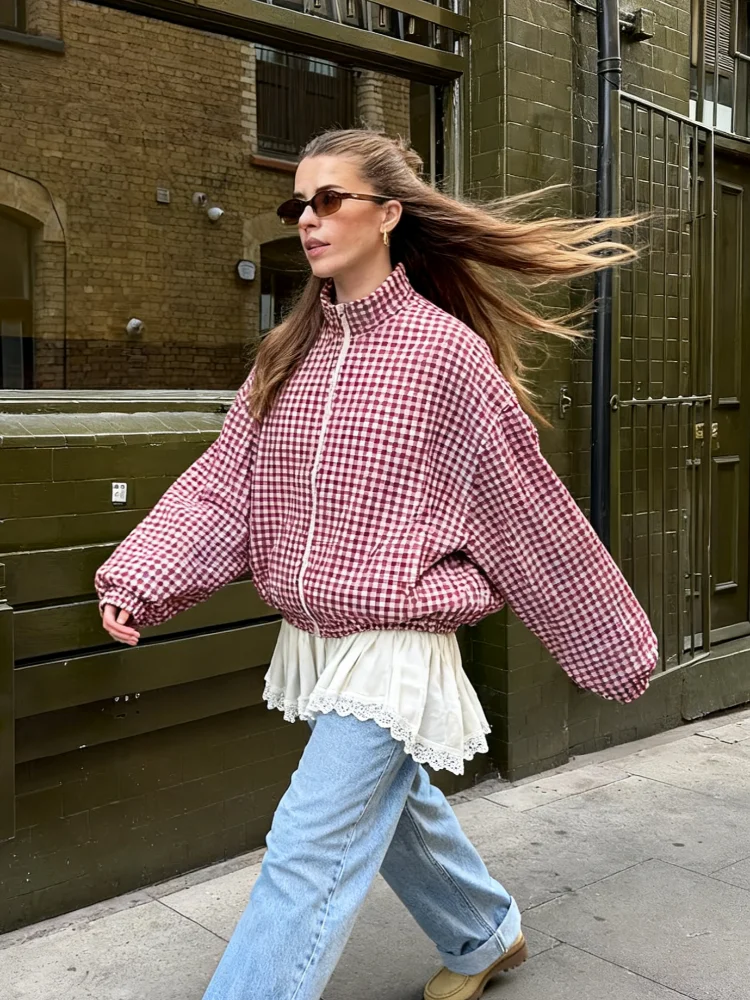 سترة نسائية قصيرة منقوشة باللون الأحمر كاجوال بياقة واقفة وأكمام طويلة وياقة واقفة وسحاب سترات فضفاضة للسيدات ملابس خارجية يومية للشارع #2