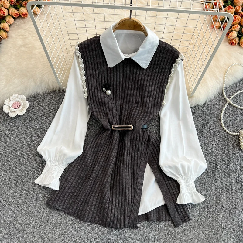 Pearl lantern shirt 2 two piece set women knitted vest 2024 spring autumn womens Long sleeve Shirts sets Sleeveless Sweater tops