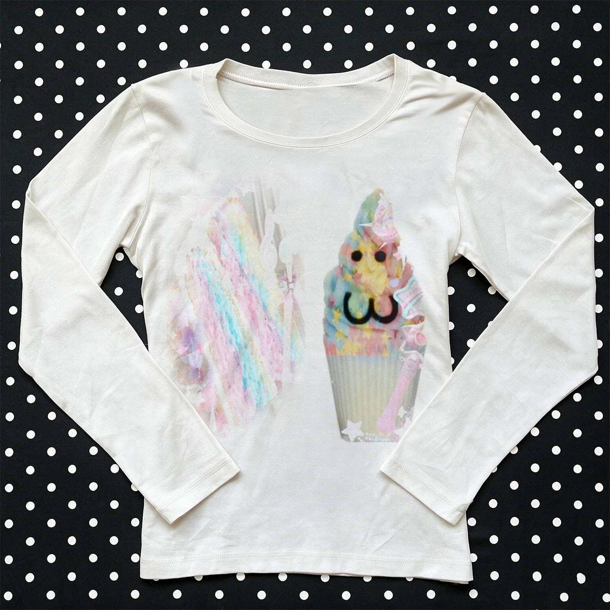 Women White Slim T-Shirt Rainbow Cupcake Ice Cream Cartoon Face Print Tee Kawaii Pastel Harajuku Y2K Streetwear Short Sleeve Cas view 6