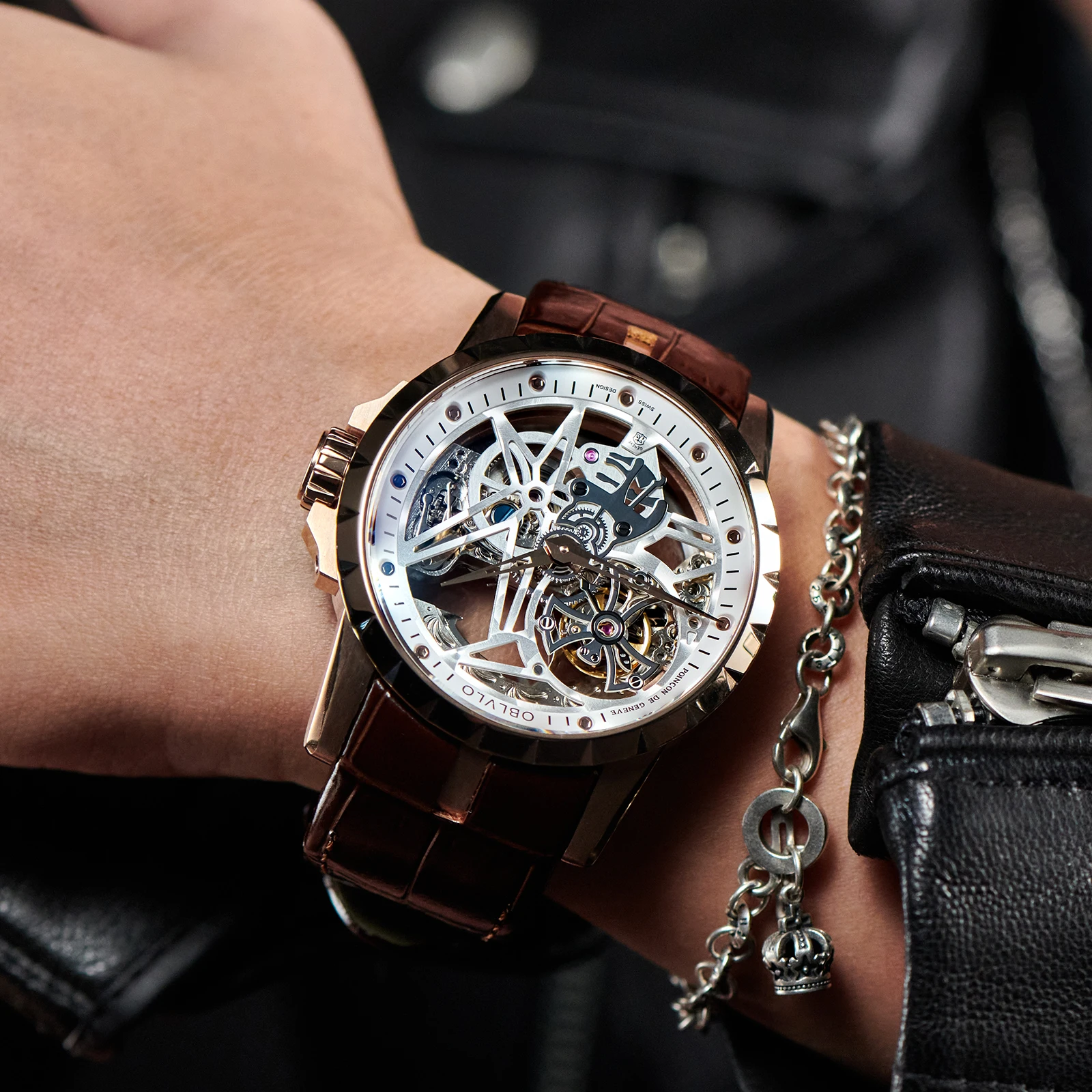 OBLVLO Top Brand Casual Watches Mens Rose Gold Skeleton Automatic Watches Genuine Leather Waterproof Relogio Masculino RM-S