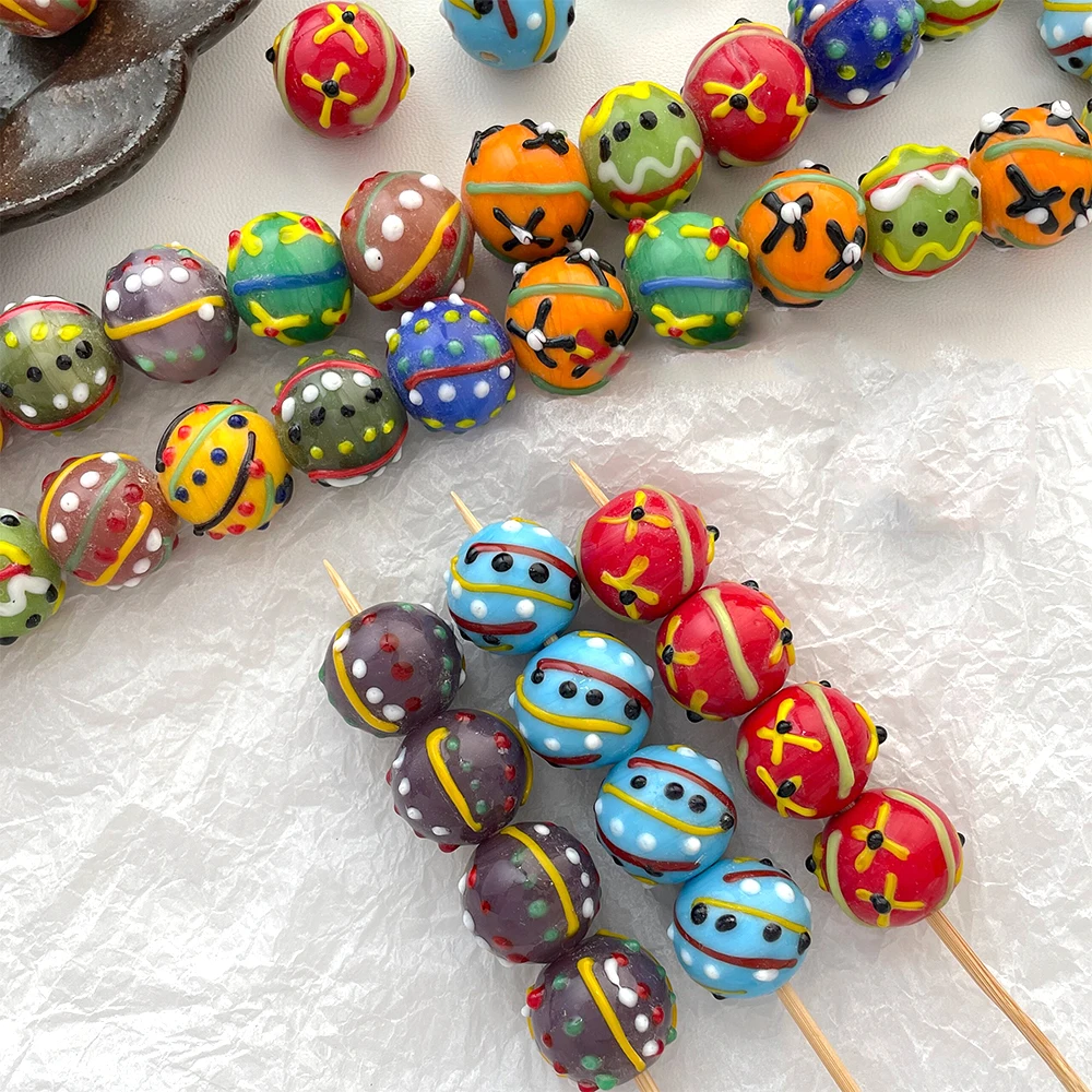 5 Pieces Colored Hand Drawn Perforated Round Beads Made of Glass DIY Jewelry Making Necklace Bracelet Accessory Materials