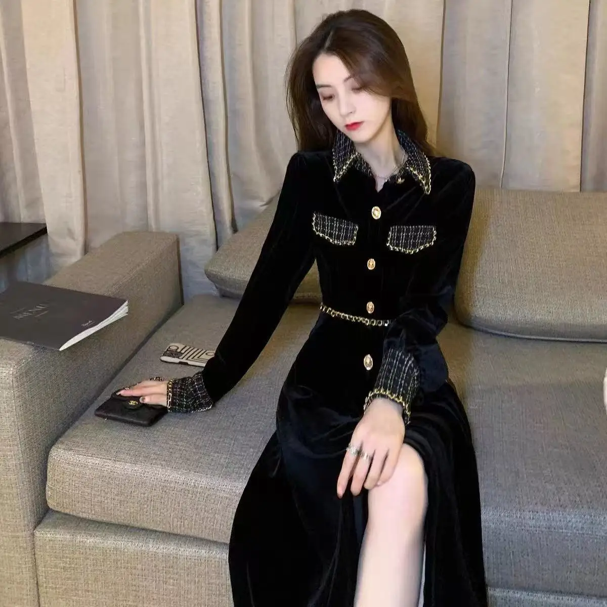 Abiti avvolgenti neri alla moda Design della vita dimagrante che copre le sfacciate Elegante gonna longuette stile femminile Abito da folletto in poliestere