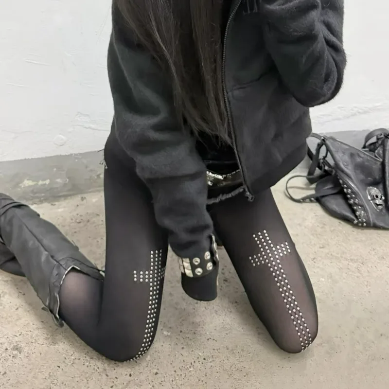 Dark Hot Girl Y2k Croce Hot Diamond Pantaloni Stile Punk Sottocultura Millennio Estetica Nera Hip-Hop Casual Cosplay Collant