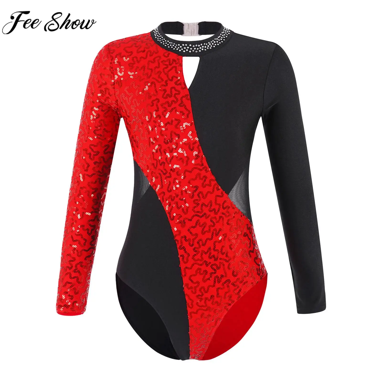 

Girls Ballet Skating Rhythmic Gymnastics Leotards Long Sleeve Shiny Sequin Bodysuit Dance Class Stage Performance Dancewear