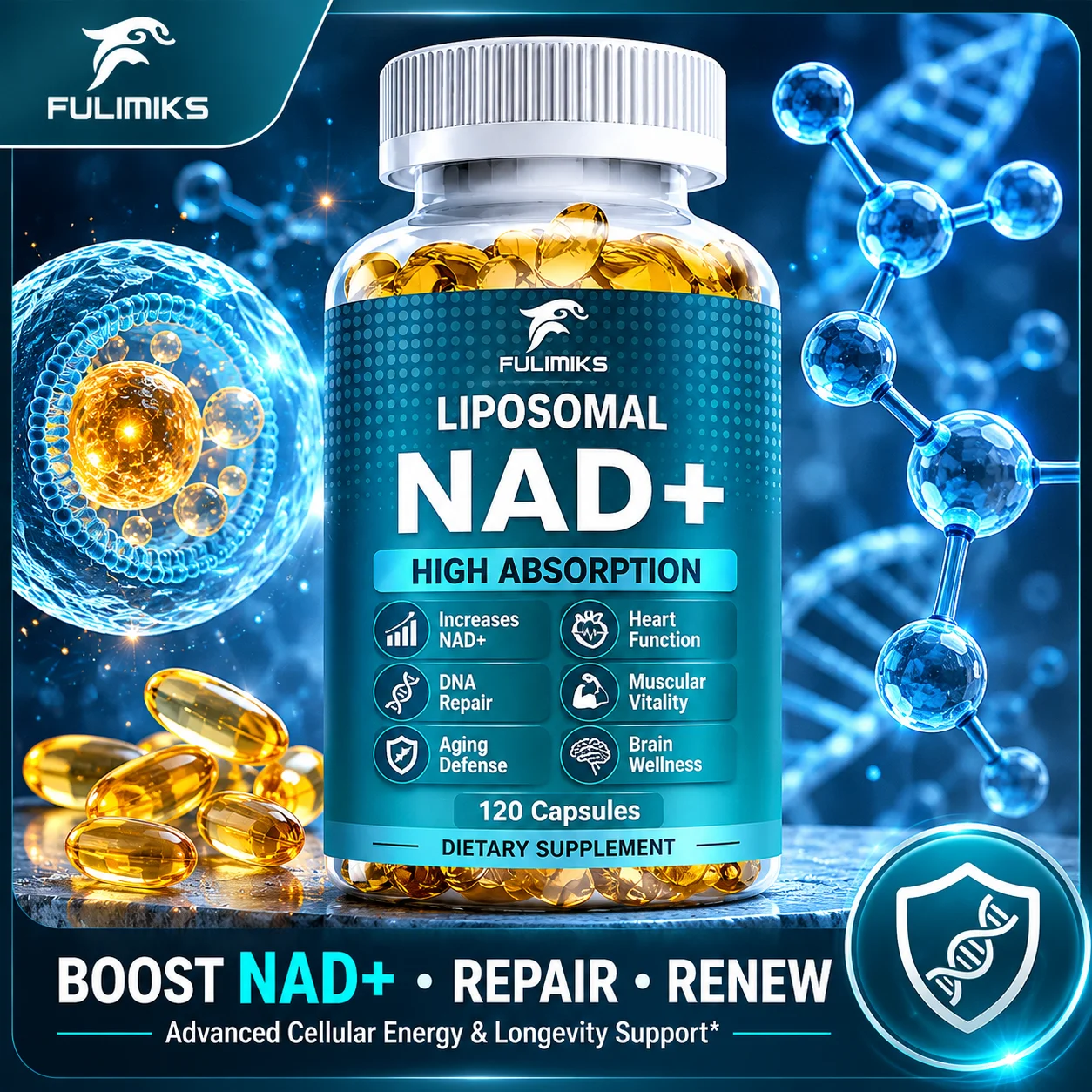 Premium NAD+ 1000mg Liposomal Capsules, Supports Cellular Energy Production, Anti-Aging, DNA Repair, Brain & Heart Function