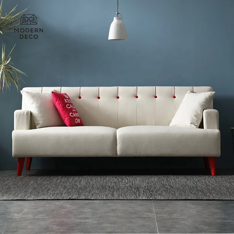 Modern Cream Beige Pull Button Sofa Couch Canape Soffa Tufted Back with Wooden Legs Armonia Furniture Living Rooms