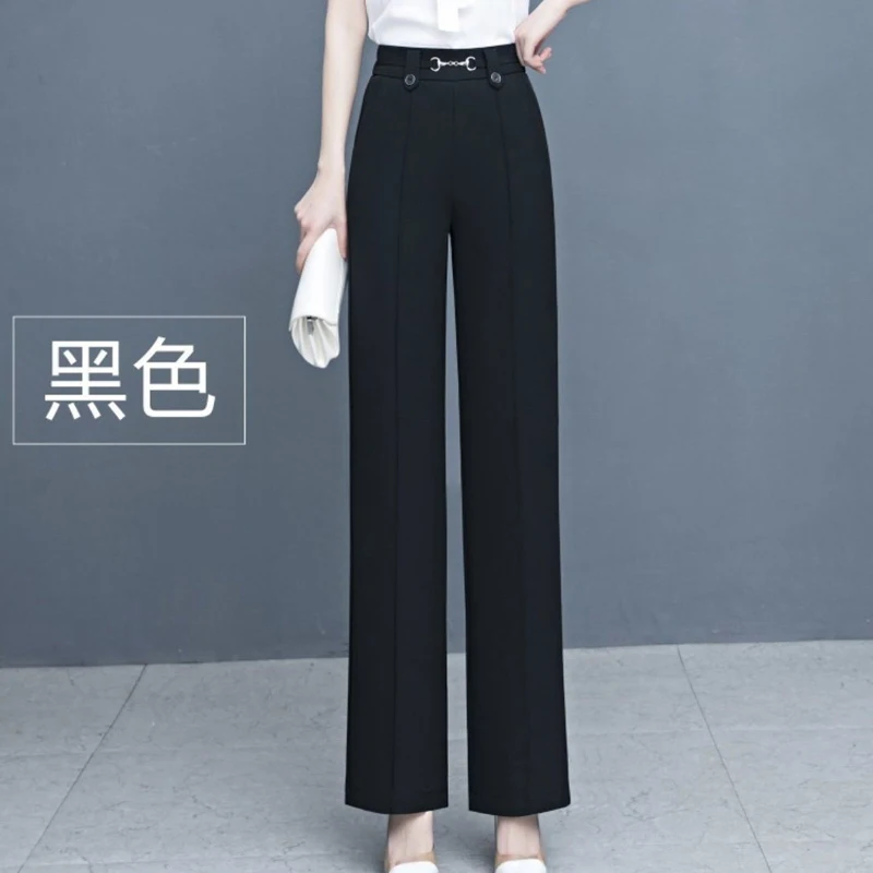 Summer New Thin Elastic Waist Fashion Solid Color Straight Pants Women High Waist Pockets Patchwork Button High Street Trousers