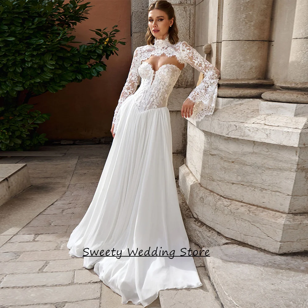 Romantic Princess Wedding Dress Customized Sweetheart Detachable Bolero Jacket Long Sleeves Chiffon Corset Bridal Gown