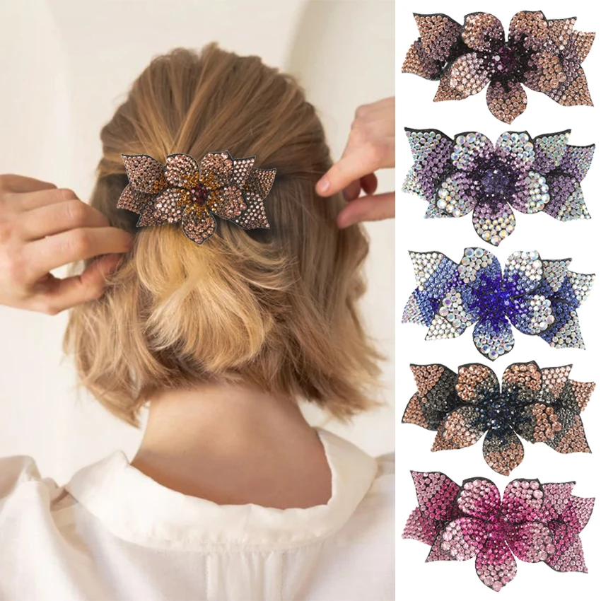 Elegant Rhinestone Spring Hair Clip Crystal Flowers Retro Alloy Hairpin Ponytail Decoration Barrette Women Hair Accessories