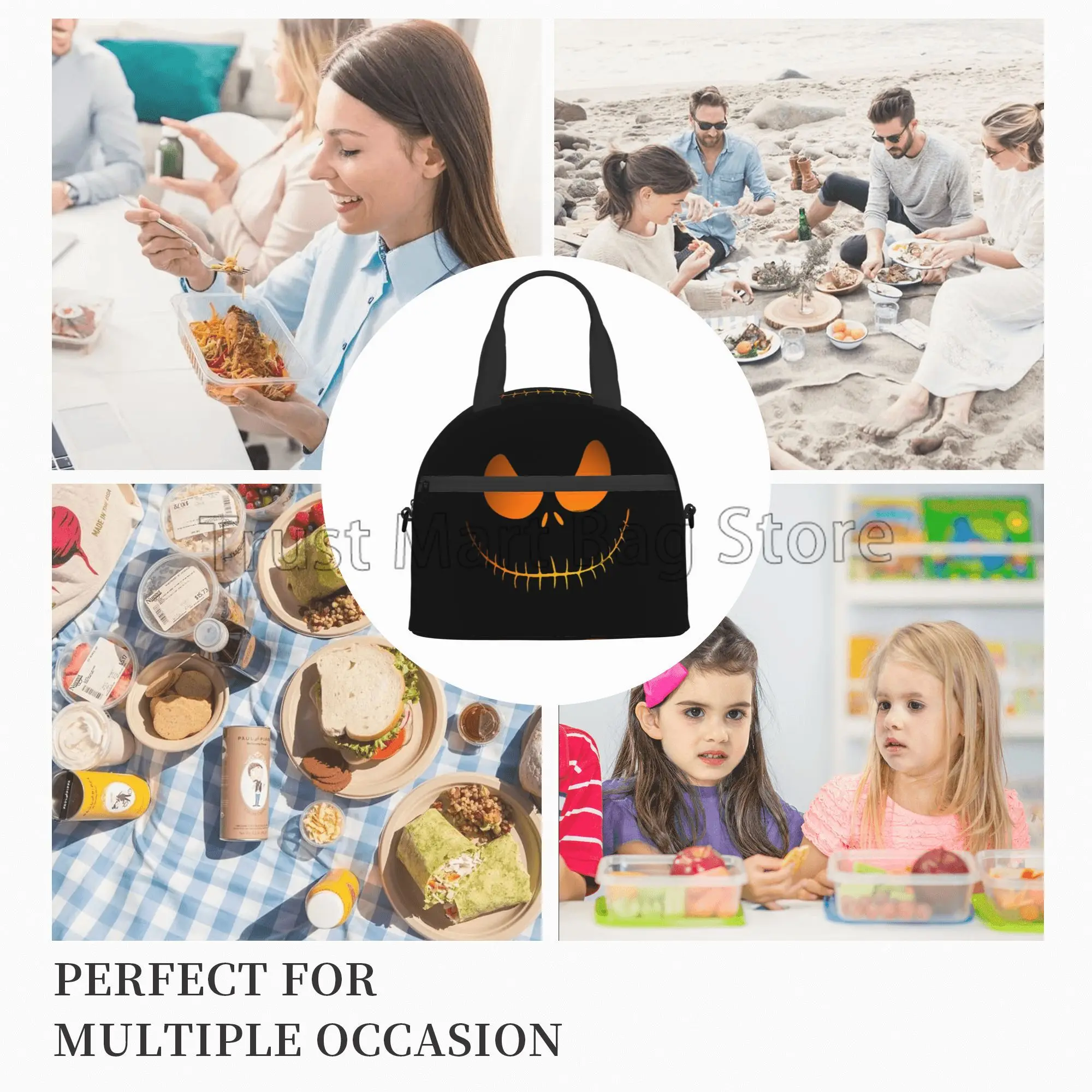 Halloween Orange Pumpkins Faces Insulated Lunch Bag for Kids Adults Reusable Portable Thermal Bento Tote with Adjustable Strap