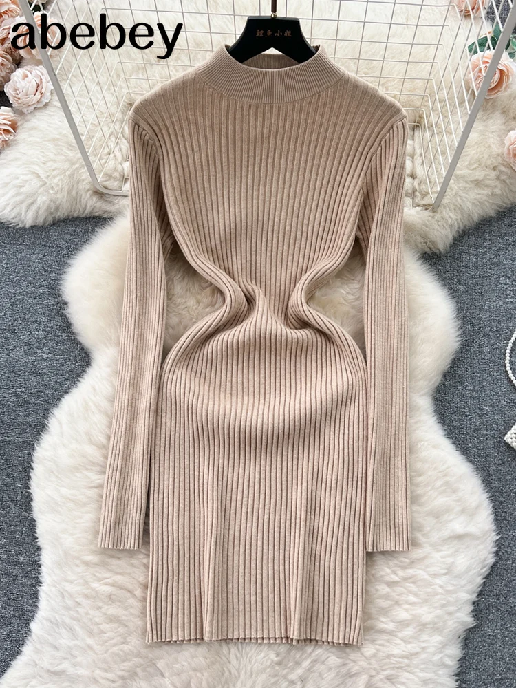 Abito lavorato a maglia autunnale da donna Mezza colletto Collo Abito maglione aderente basic elastico sottile sexy Mini abito caldo lavorato a maglia invernale
