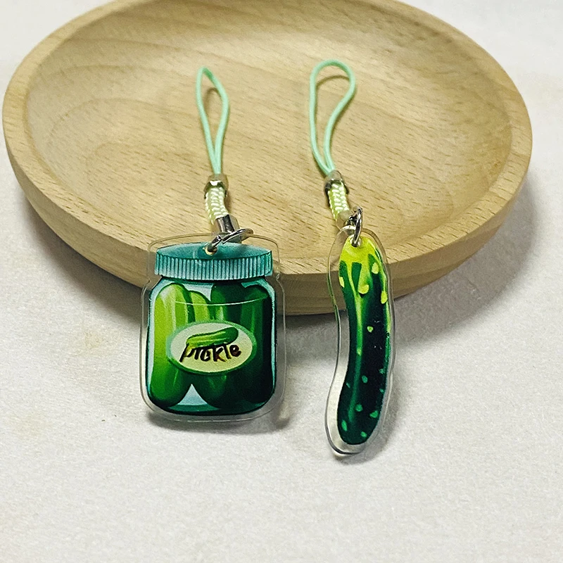 Acrylic Simulation Cucumber Jar Phone Lanyard Keychains Cartoon Creative Funny 2D Fruit Food Bag Box Cellphone Chain Jewelry