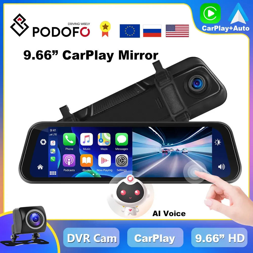 Podofo Dash Cam 4K CarPlay Mirror Monitor Android Auto Navigation Touch Screen Rear View 9.66inch Car DVR Voice Control