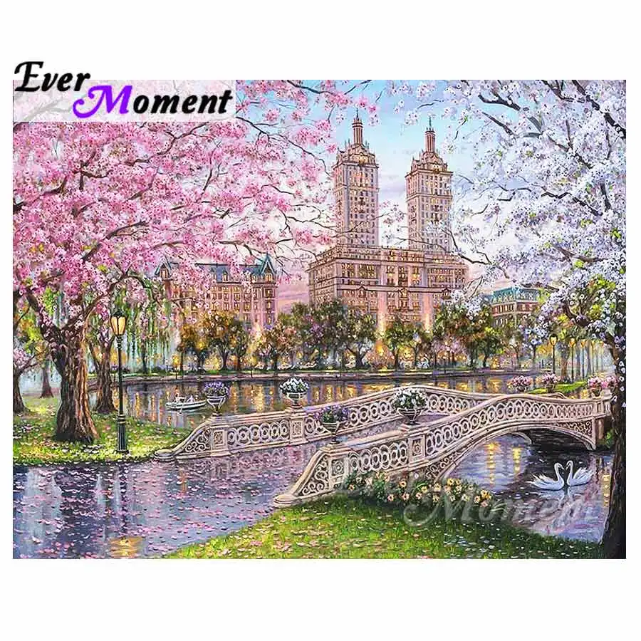 Ever Moment Diamond Painting Flower Building River Full Square Drill 5D DIY Decor Home Diamond Embroidery Picture Mosaic S2F844