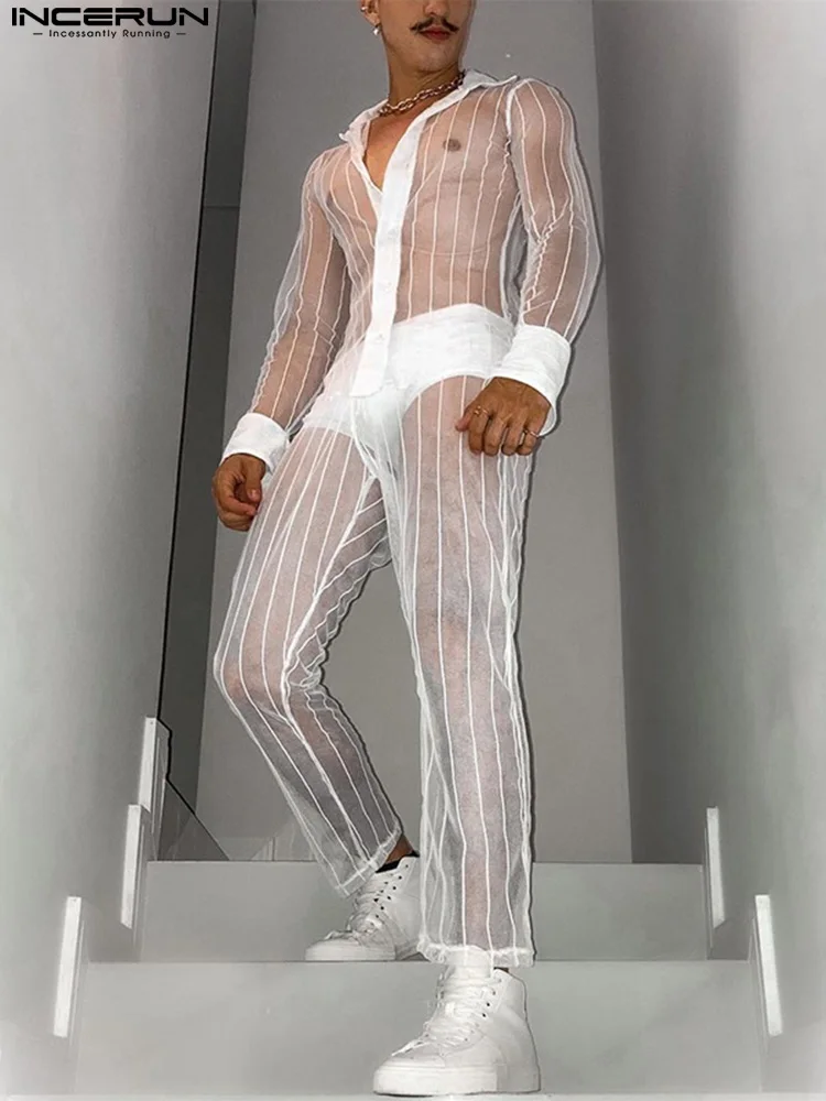 INCERUN 2023 Fashion Casual Party Suit 2 Pieces Sexy Leisure Men Sets Long Sleeve Shirts Long Pants See-through Mesh Suits S-5XL