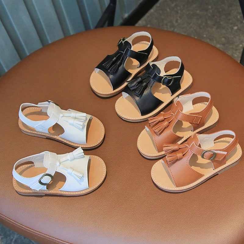 Girl's Sandals Tassel Classic Open Toe Three Colors Toddler Kids Sliders Summer Daily Non-slip 21-30 Comfy Children Flat Shoes