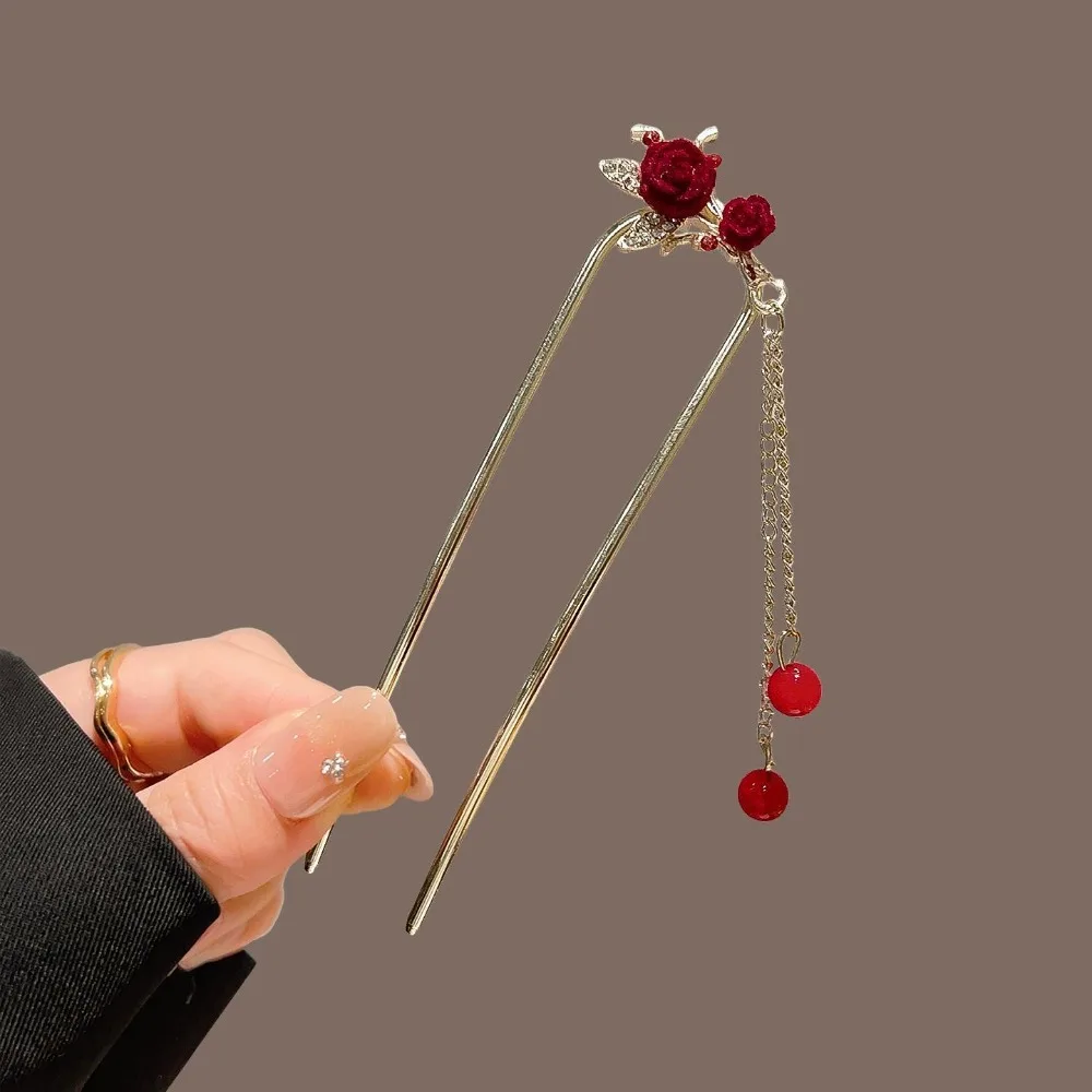 Elegant Red Velvet Tassel Hair Pin with Rhinestone & Bead Detail Butterfly/Rose Design Retro Hanfu Style Women's Hair Accessory