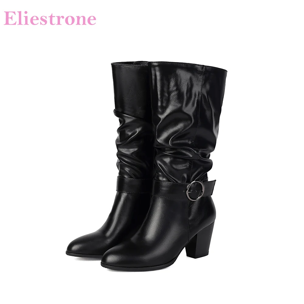 

2025 Новая зимняя мода Черно-коричневые женские ботинки до середины икры для верховой езды на высоком блочном каблуке Женская повседневная обувь Плюс Большой размер 10 42 45 48