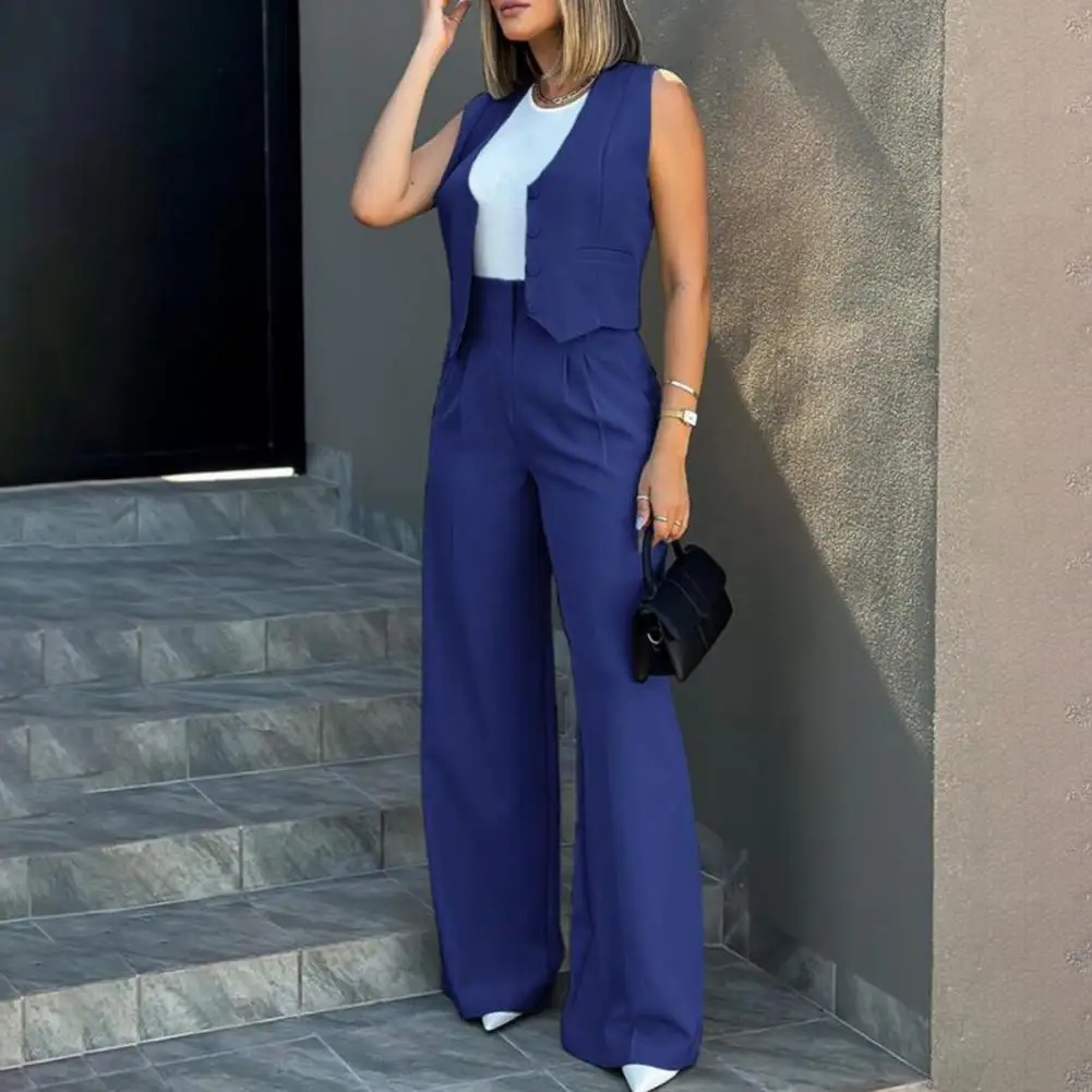 Two-piece Suit Elegant Lady Baggy Pants Set with Sleeveless Vest Solid Color High Waist Women\'s Wide Leg Pants Casual for A