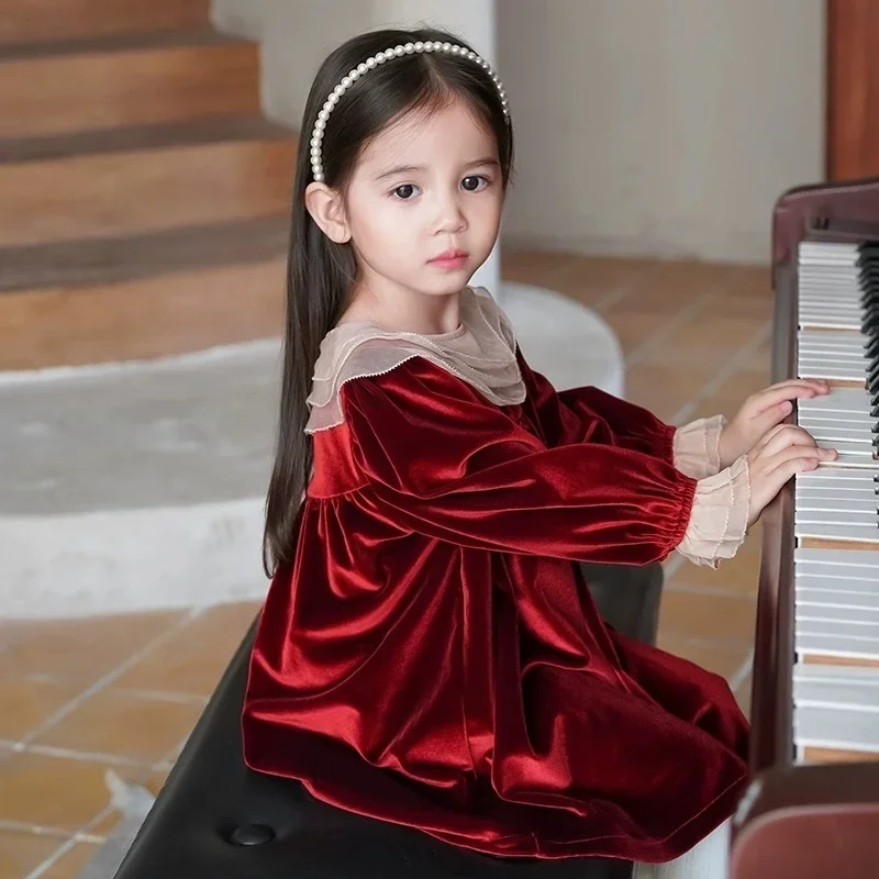 Christmas Party New Year Baby Girl Red Dress Elegant Girls Lotus Leaf Collar Velvet Dresses For Children Simple A-Line Frocks