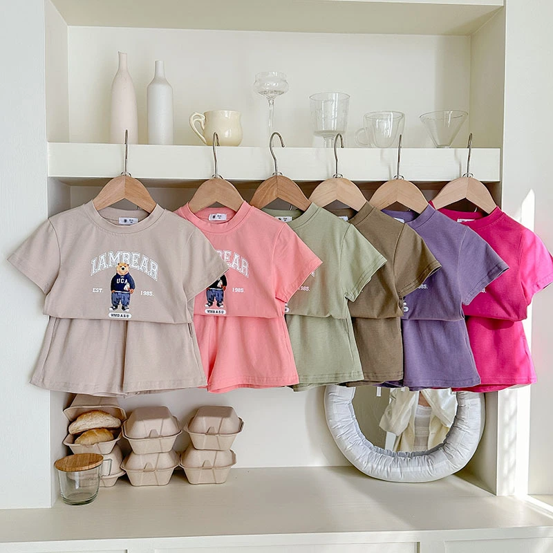 Einfarbig Gedruckt Bär Nette Baby Mädchen Und Jungen T-shirt Anzug Sommer Kleidung Mode Lässig Kinder Trainingsanzüge kinder Outfits