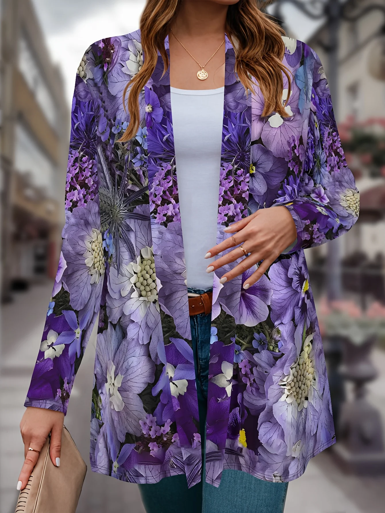 

Женская фиолетовая куртка с цветочным принтом, элегантный удобный дизайн, верхняя одежда с длинными рукавами, весенне-осенний повседневный стиль