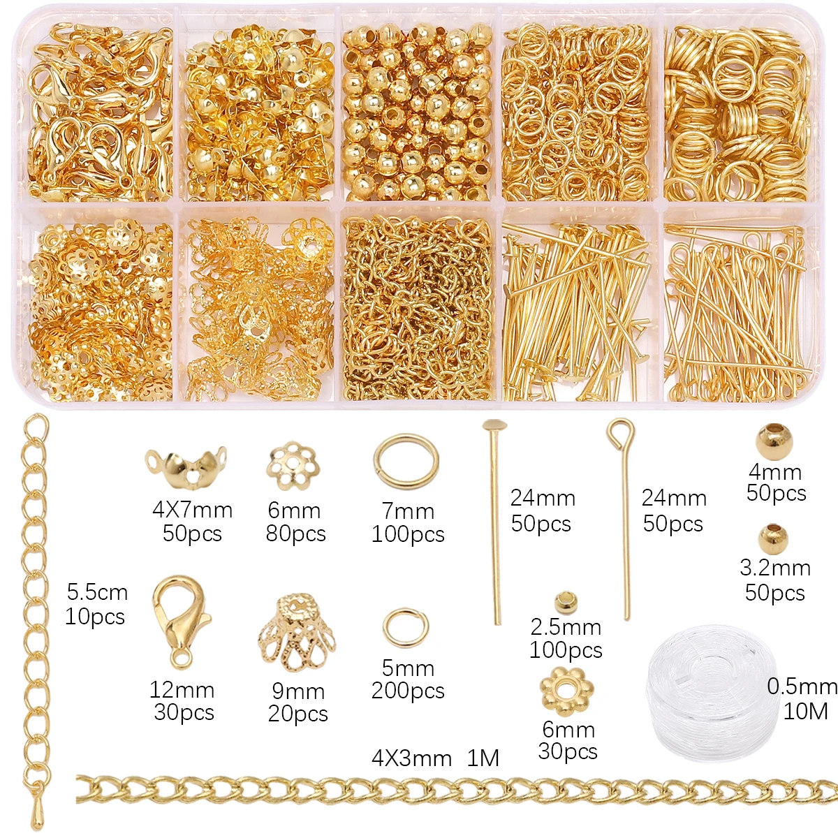 10 Grid Stainless Steel Alloy Chain Jewelry Materials Set For Making Bracelet Mobile Phone Chain Accessories About 820pcs/box