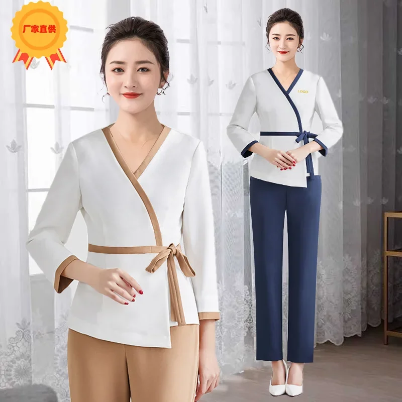 Woman Work Clothes Pants Suit Print Logo Hotel Waiter Beauty Salon Spa Massage Nail Cafe Foot Bath Technician Overalls Uniform