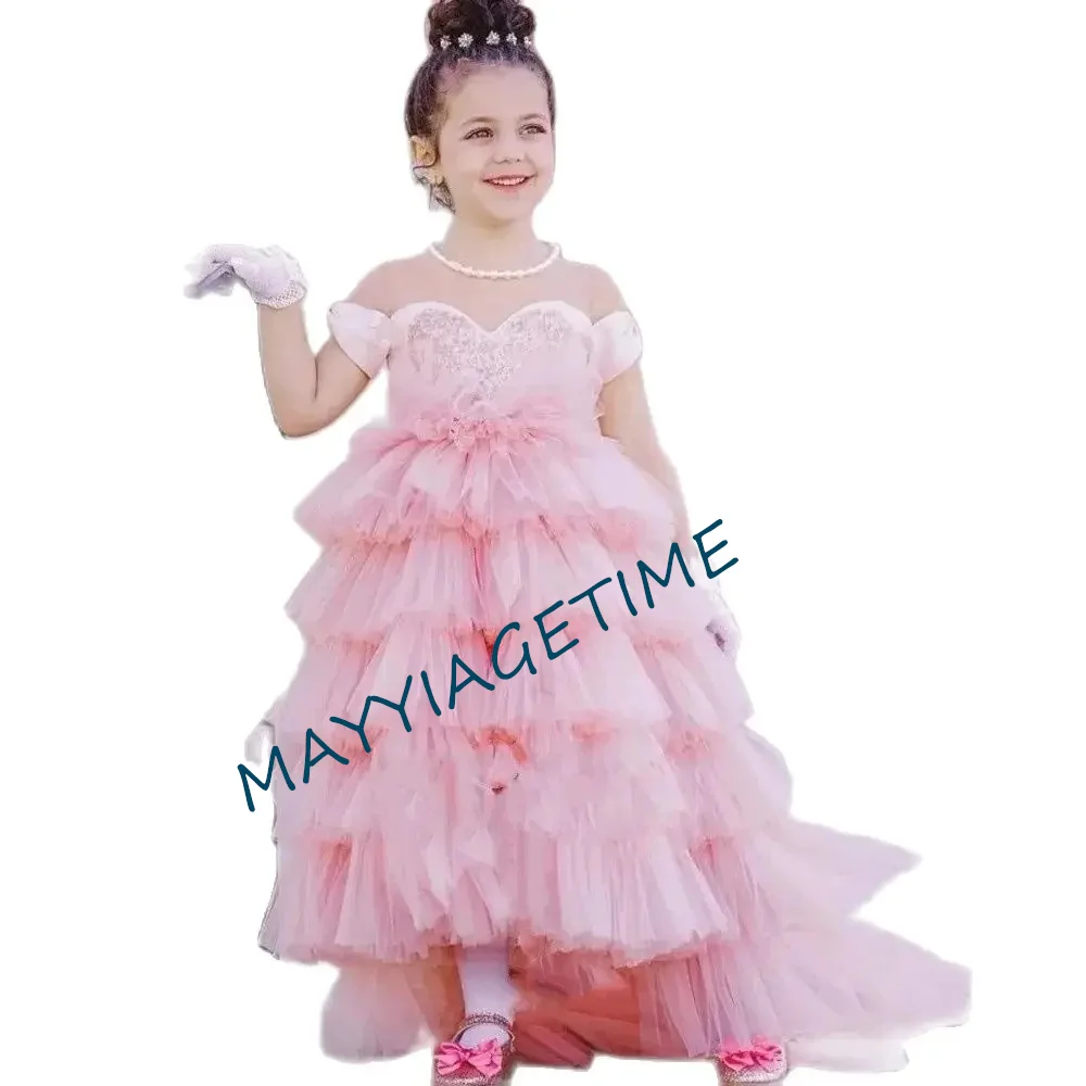 

Pink Lovely Baby Girl Dress Lace Puffy Bow Princess Wedding Performance Kids Clothing Gift First Communion Birthday