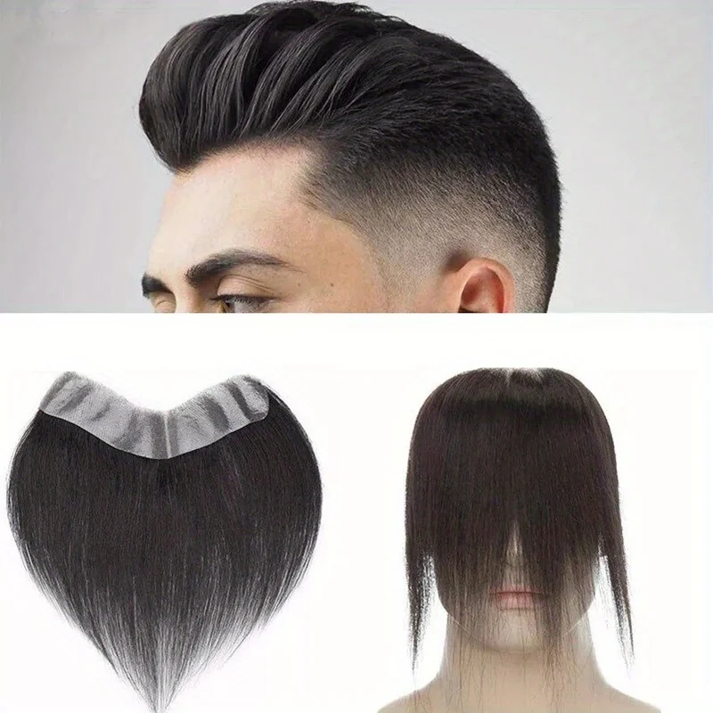 Men's V Loop Human Hair Invisible Frontal Thin Light Beige Fringe for Receding Hairline - Straight Hair, Business Style
