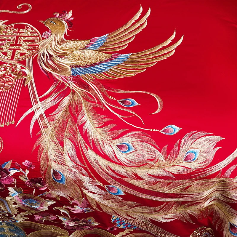 4/6/9Pcs Luxury Chinese Dragon Phoenix Embroidery With Tassel Wedding Bedding Set 100% Cotton Duvet Cover Bed Sheet Pillowcases