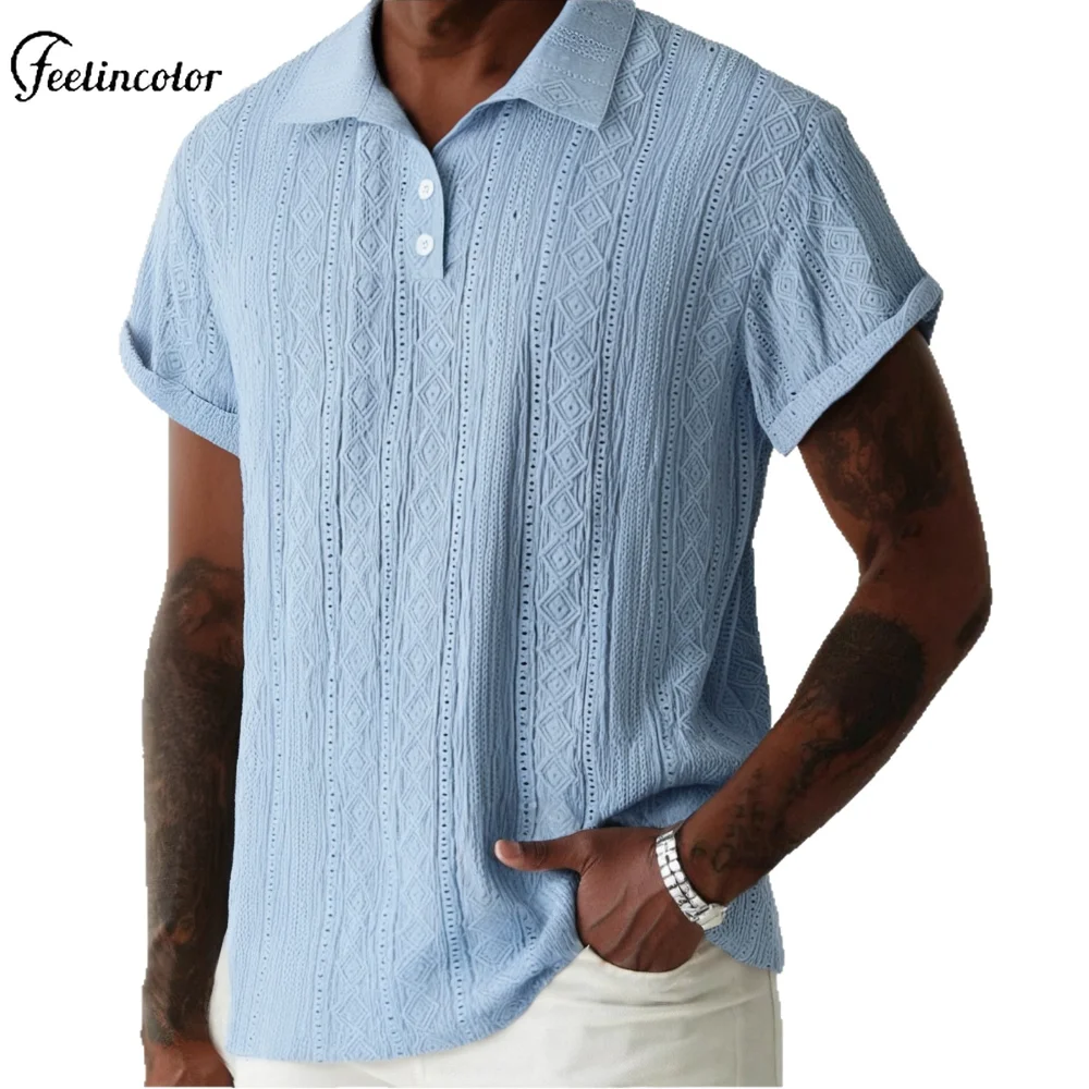 

2025 New Men's Knitted Polo Shirt Spring Summer Breathable Short Sleeve Shirt Hollow Intarsia Design Casual Tops Street Clothing