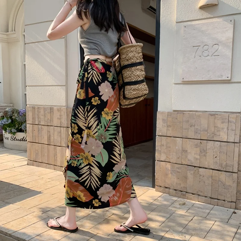 Retro Print Dai Ethnicity One-Piece Long Skirt with Belt Island Vacation Style Women's Bodycon Skirt Polyester Fabric Beachwear