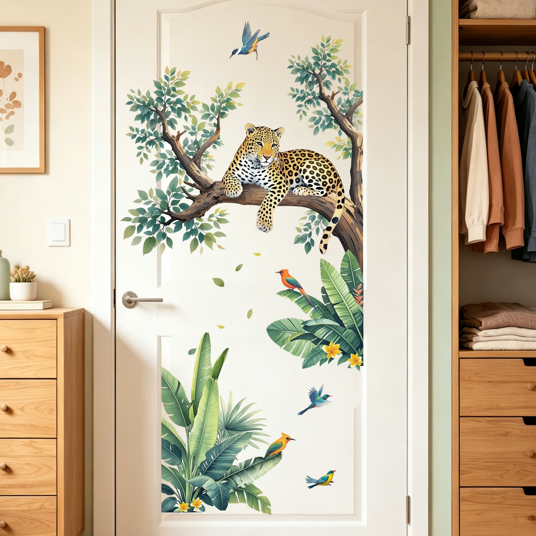 Adhesivos Decorativos para Pared con Diseño de Leopardo, Rama de Árbol y Pájaro, para Dormitorio, Habitación Infantil, Sala de Estar, Recibidor, Decoración del Hogar